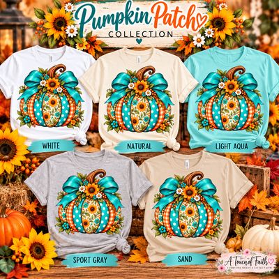 Turquoise Pumpkin Fall T-Shirt | Sunflower &amp; Bow Design