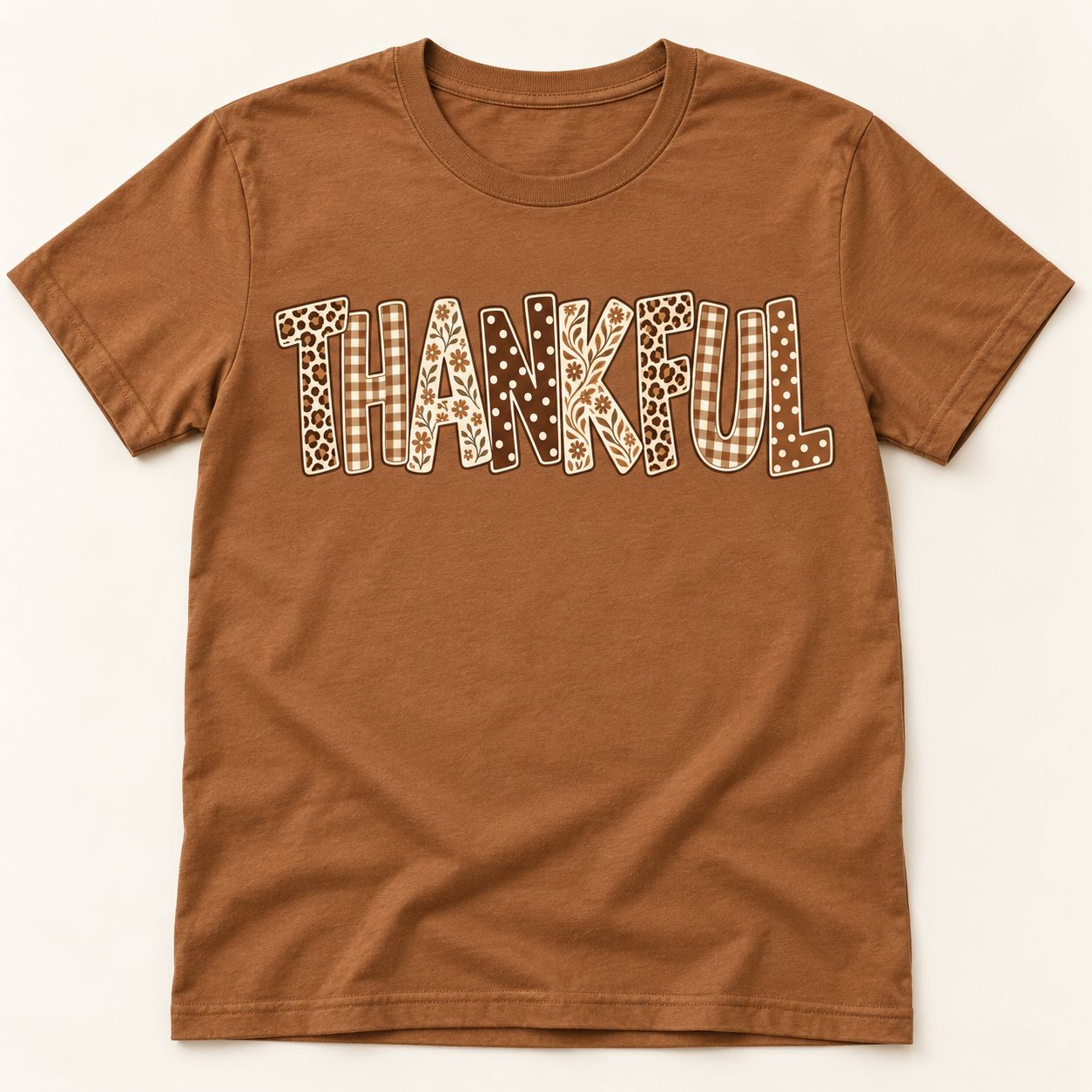Thankful Fall T-Shirt – Brown &amp; Cream Patterned Lettering