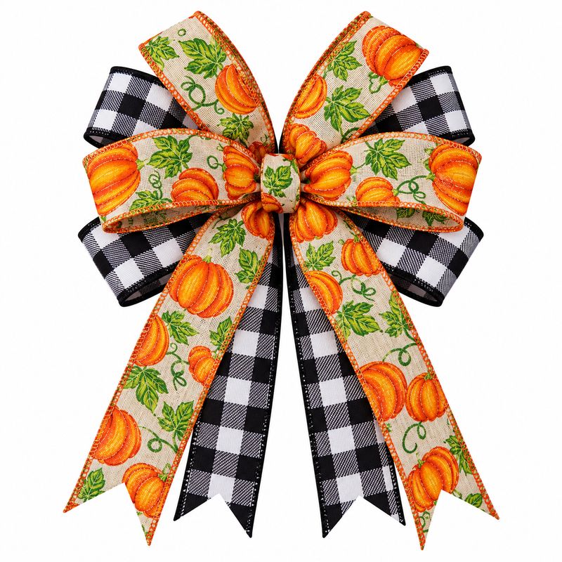 Pumpkin &amp; Black and White Plaid Fall Decorative Bow | Handmade Autumn Bow