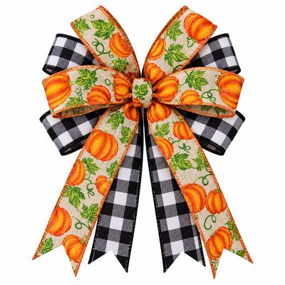 Pumpkin &amp; Black and White Plaid Fall Decorative Bow | Handmade Autumn Bow