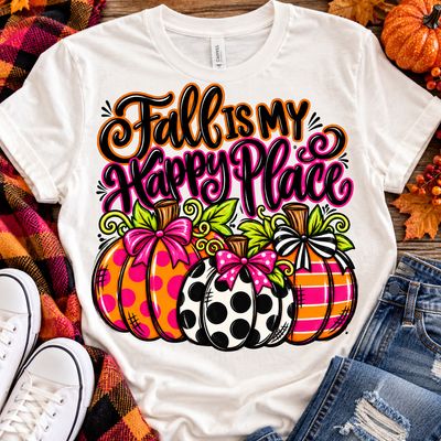 Fall Is My Happy Place Graphic T-Shirt | Colorful Whimsical Pumpkin Fall Tee
