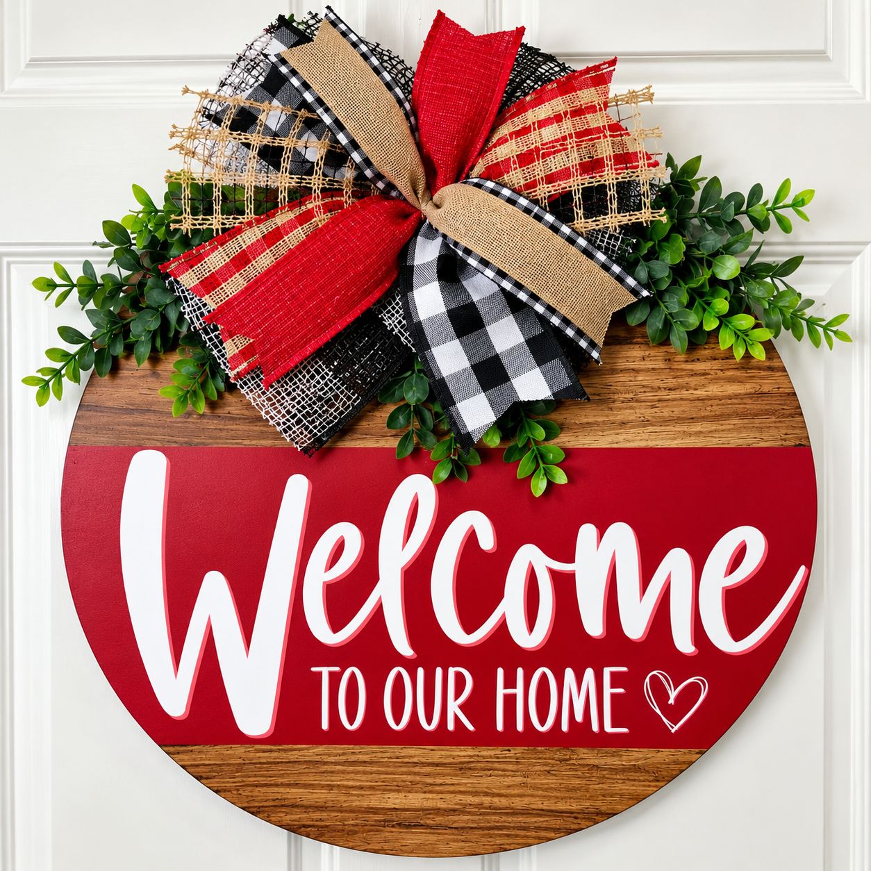 Red Buffalo Plaid Welcome Door Hanger | 18-Inch Farmhouse Door Decor