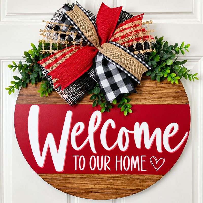 Red Buffalo Plaid Welcome Door Hanger | 18-Inch Farmhouse Door Decor