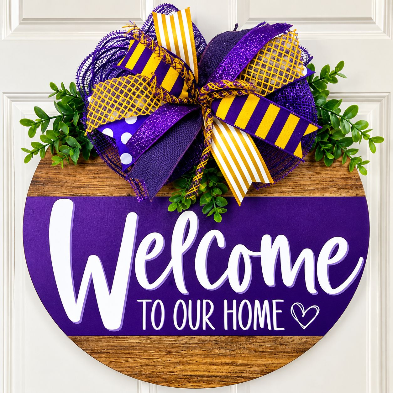 Purple &amp; Gold Welcome Door Hanger | 18-Inch Handmade Door Decor