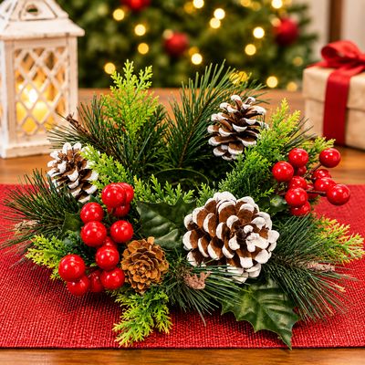 Christmas Evergreen Candle Centerpiece with Red Berries &amp; Pinecones | Candle Optional