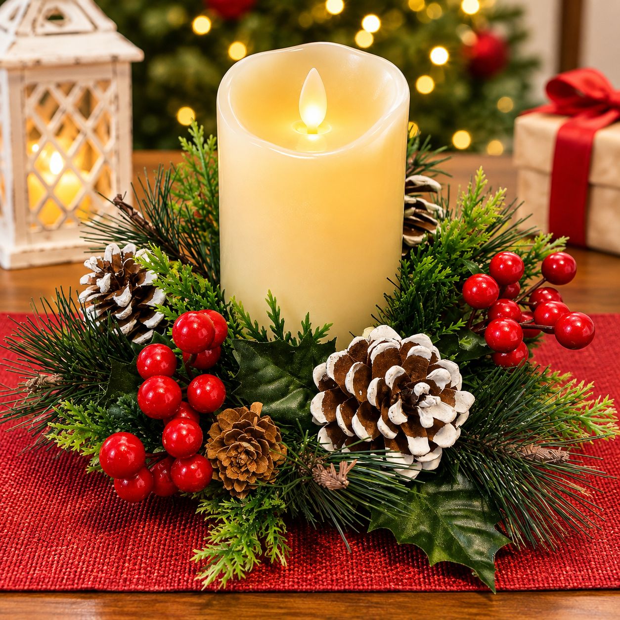 Christmas Evergreen Candle Centerpiece with Red Berries &amp; Pinecones | Candle Optional