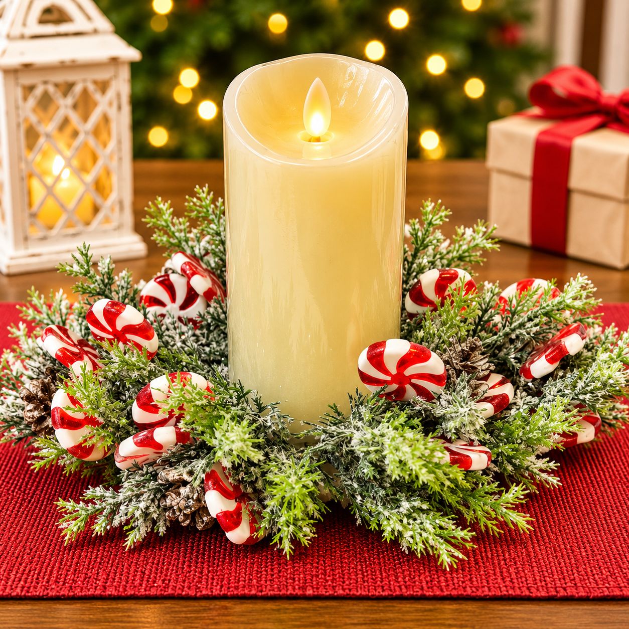 Christmas Peppermint Candle Centerpiece – Frosted Evergreen Table Decor | Candle Optional