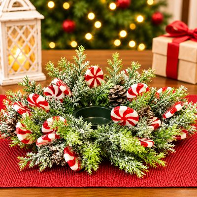 Christmas Peppermint Candle Centerpiece – Frosted Evergreen Table Decor | Candle Optional