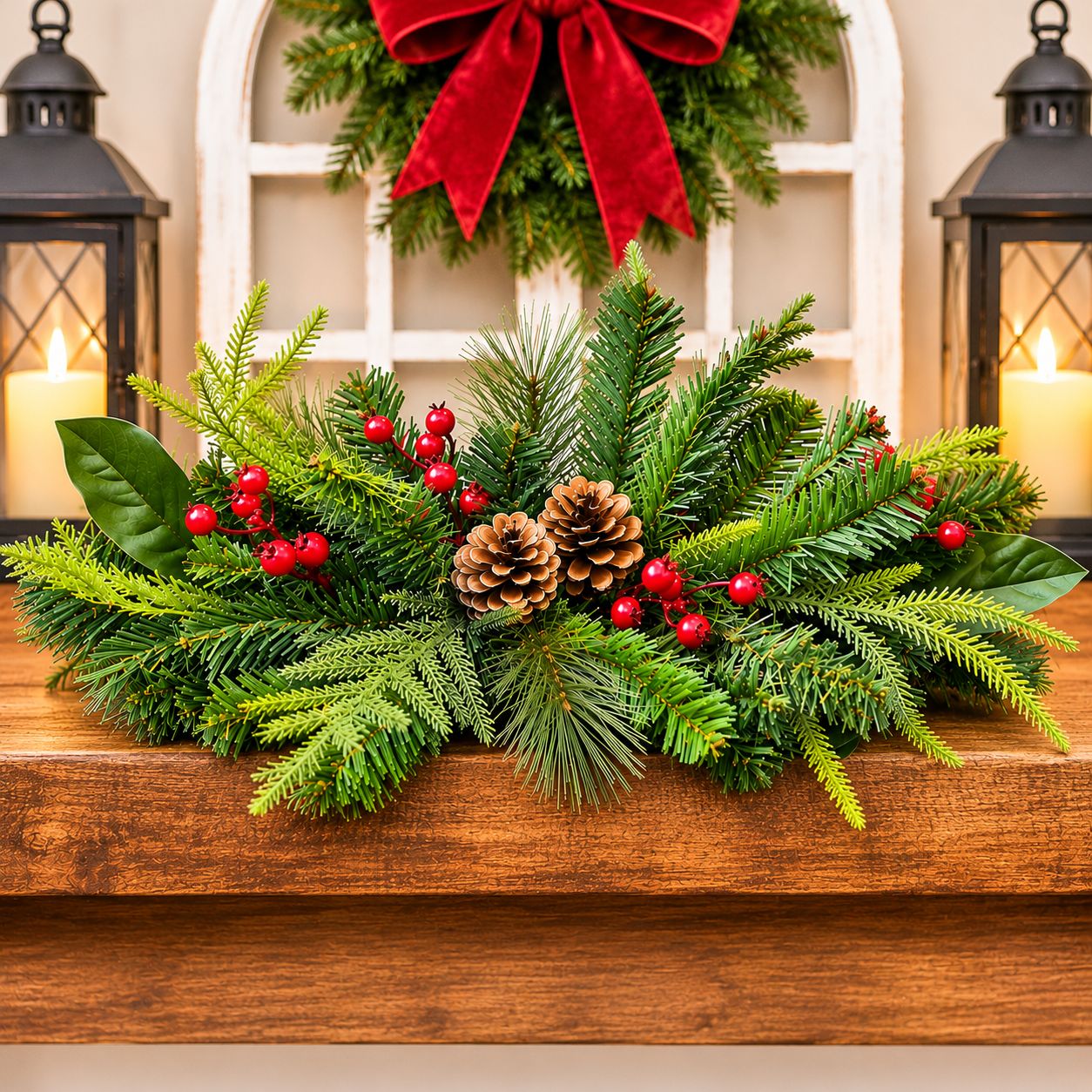 24-Inch Christmas Pine Swag with Red Berries &amp; Pinecones | Ready to Hang Holiday Decor