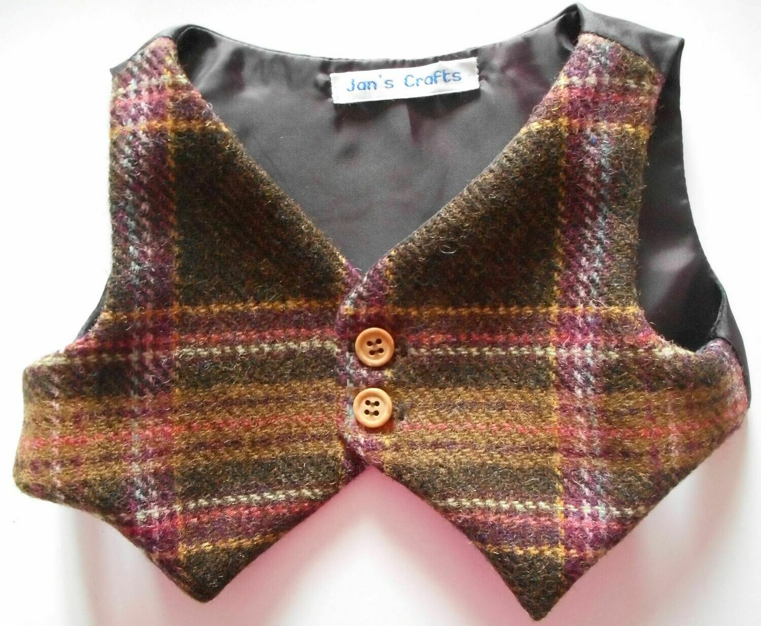 Waistcoat for bears - Brown, pink and cream check wool with plain lining