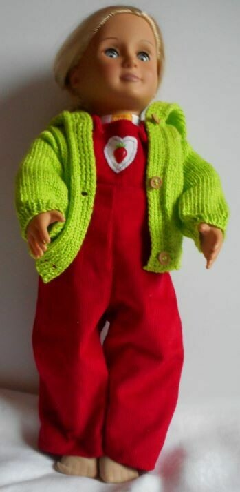 Outfit: Red dungarees, fruit print top and lime hooded cardigan