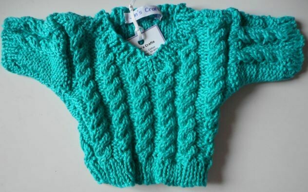 Jumper, turquoise cable v neck - bear 36cm/ 14 inches high. Jumper, turquoise cable v neck - bear 36cm/ 14 inches high.