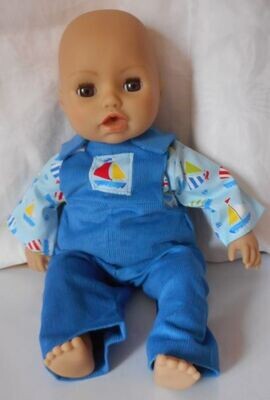 Outfit: Blue dungarees and yacht print top for 43cm doll