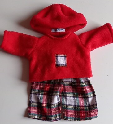 Outfit: Red fleece top PJs with hat and white tartan print trousers for 36cm doll
