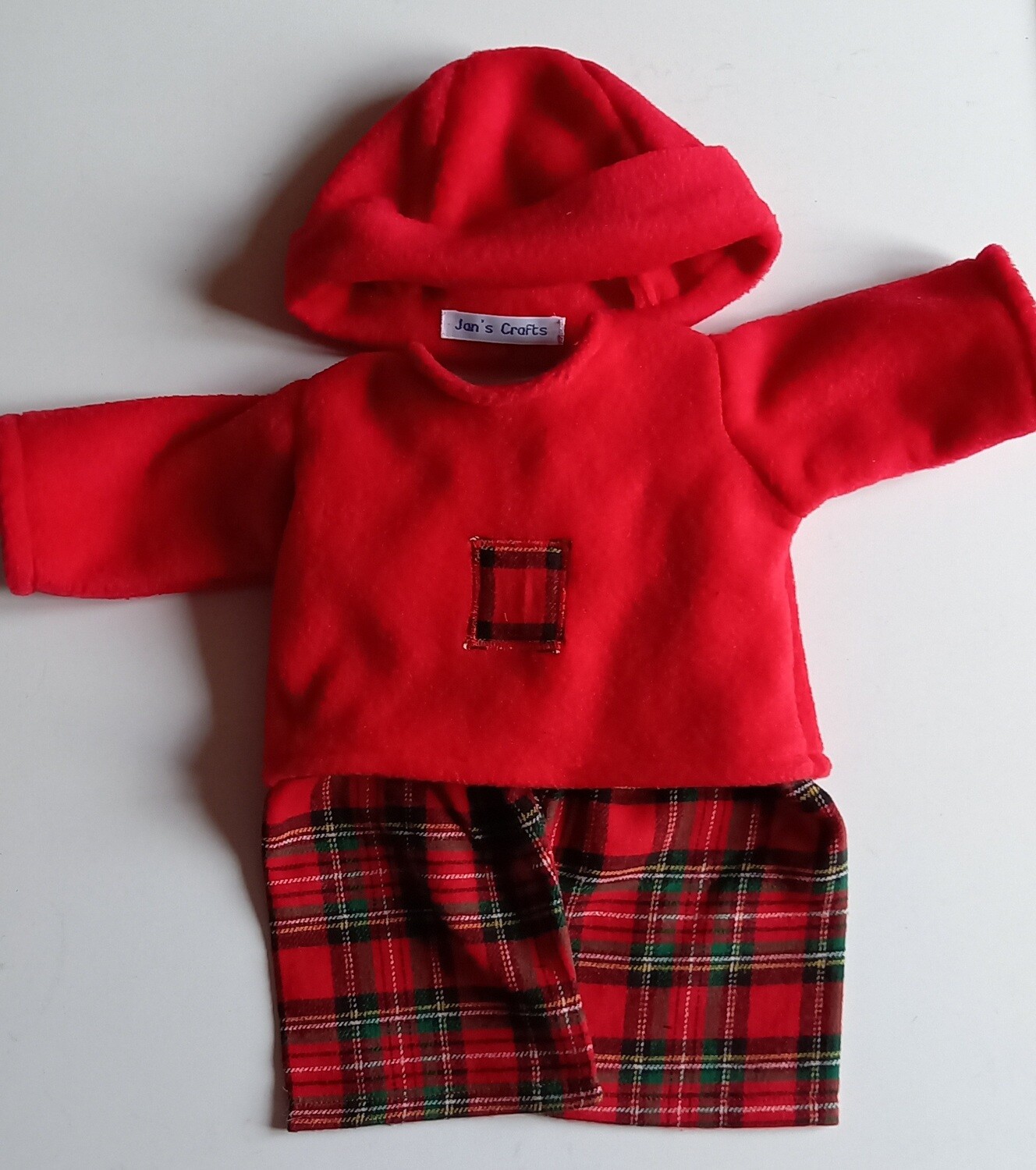 Outfit: Red fleece top PJs with hat & red tartan trousers for 43cm doll