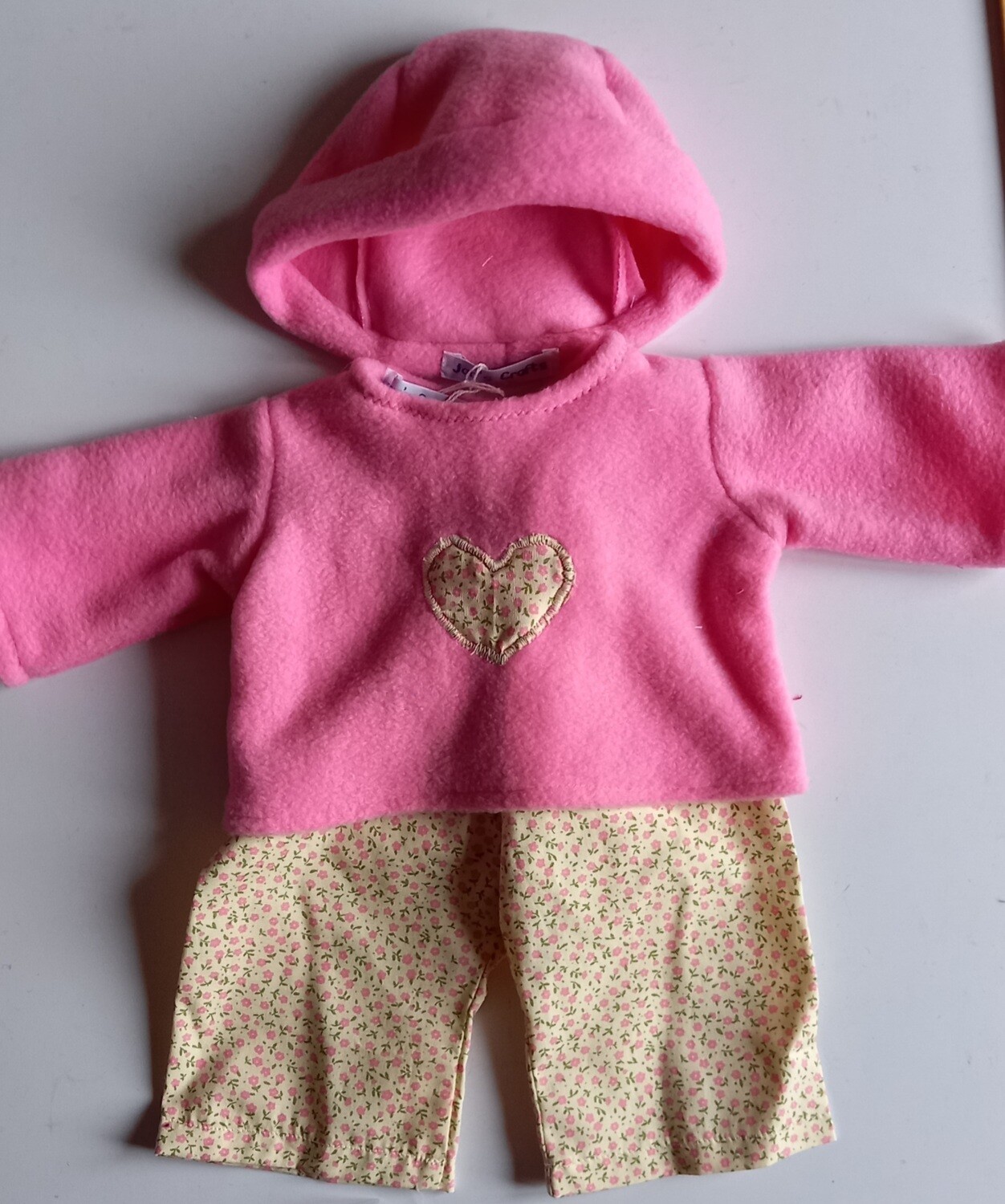 Outfit: Pink fleece top PJs with hat & floral trousers for 43cm doll