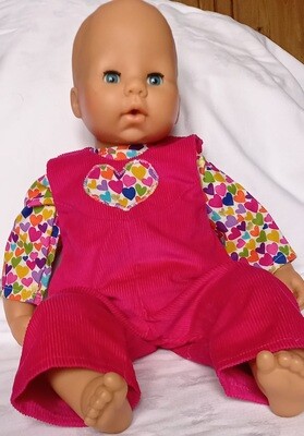 Outfit: Cerise dungarees and heart print top. 46cms/18inches