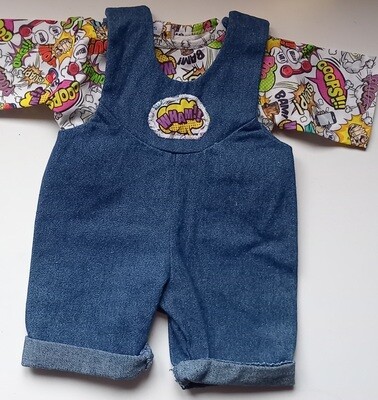 Outfit: Denim dungarees and comic print top