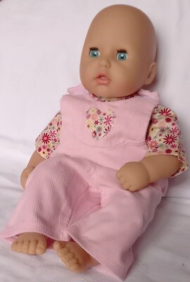 Outfit: Pale pink dungarees and floral top for 30cm doll
