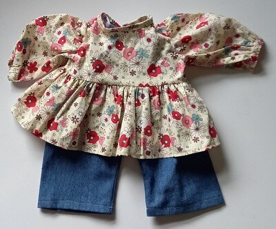 Outfit: Floral top with denim jeans for 43cm doll