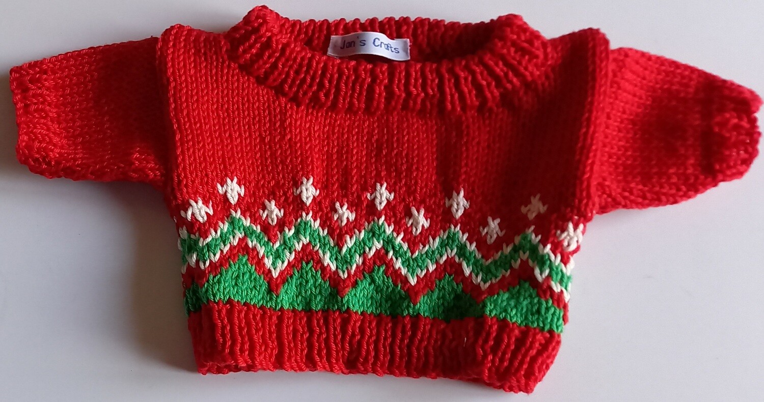 Jumper, red, cream and green design crew neck - bear 36cm/ 14 inches high