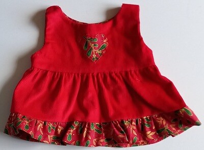 Pinafore for bears: red corduroy with floral contrast