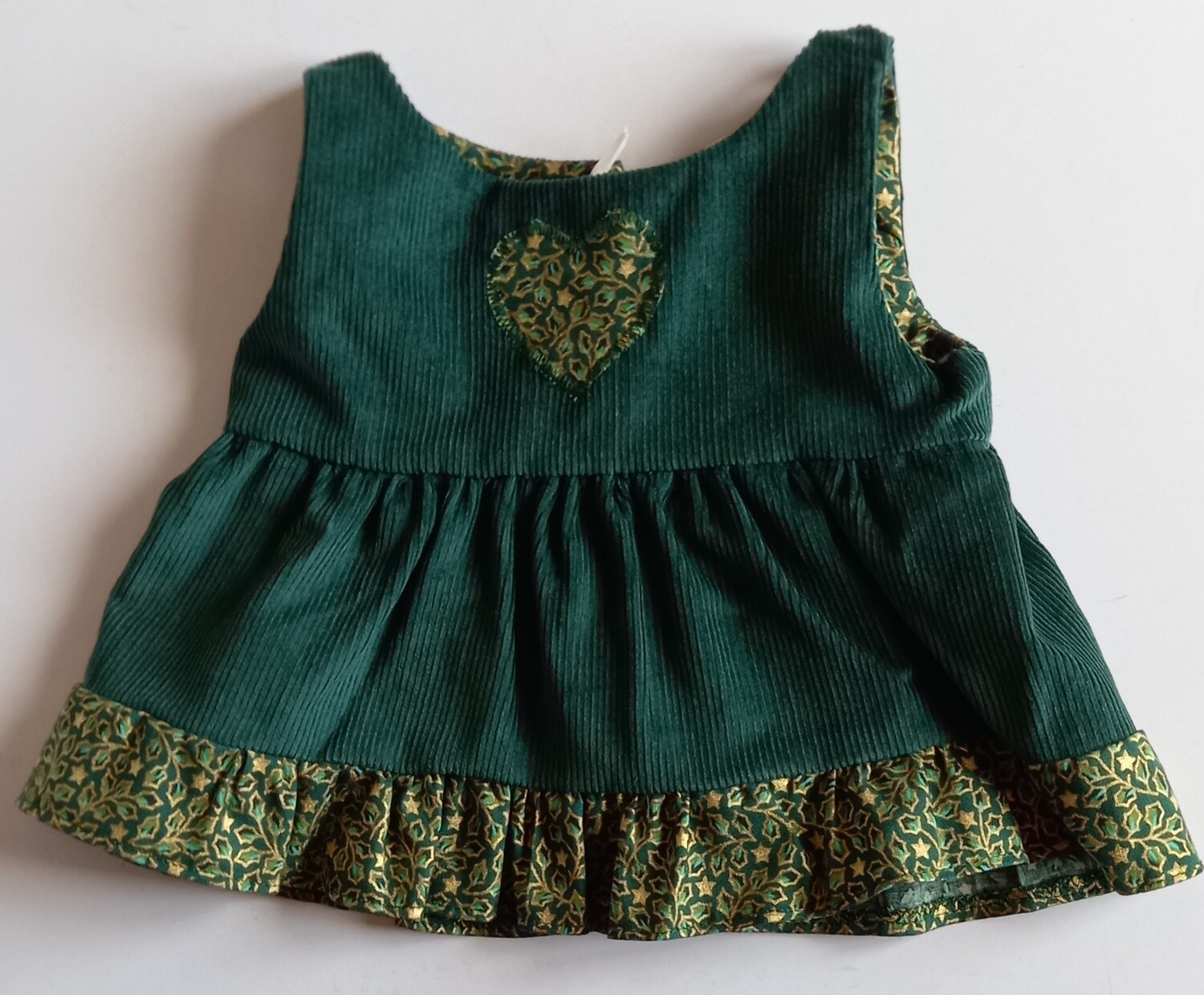 Pinafore for bears: bottle green corduroy with holly contrast