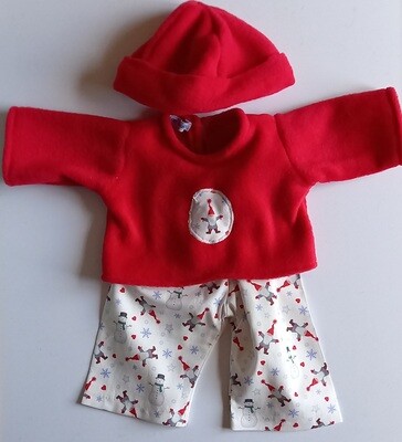 Outfit: Red fleece top PJs with hat & gnome print trousers for 43cm doll