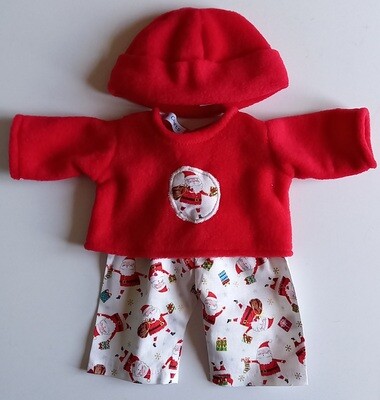 Outfit: Red fleece top PJs with hat and Christmas print trousers for 36cm doll