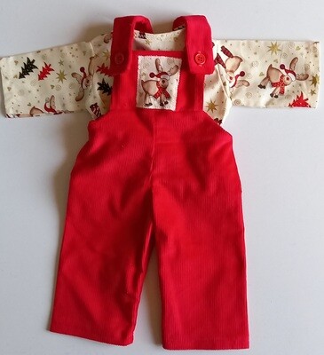Outfit: Red corduroy dungarees and Christmas print top