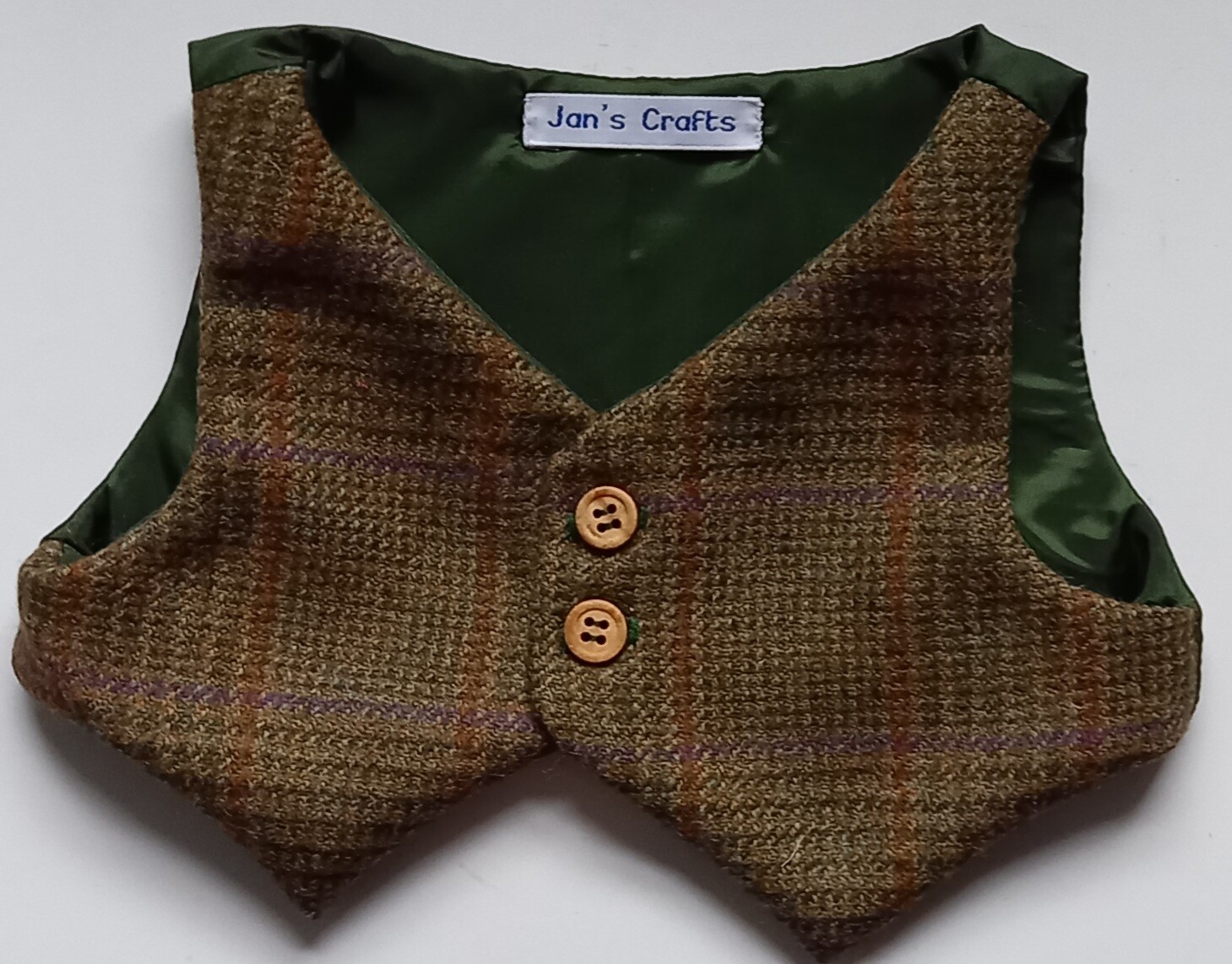 Waistcoat for bears - Khaki tweed wool with plain lining