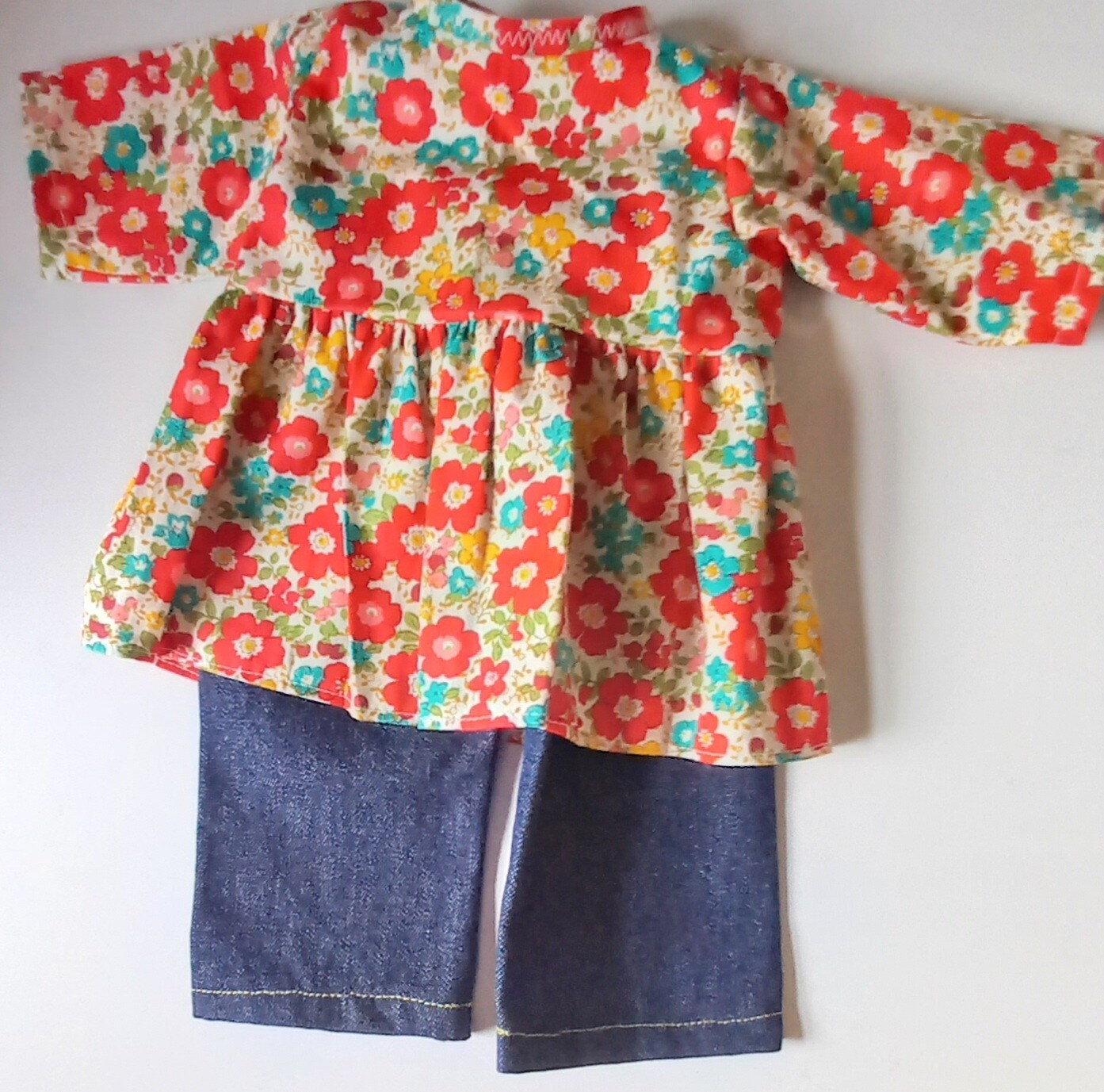 Outfit: Red floral top and dark denim jeans for 46cm/18inch doll