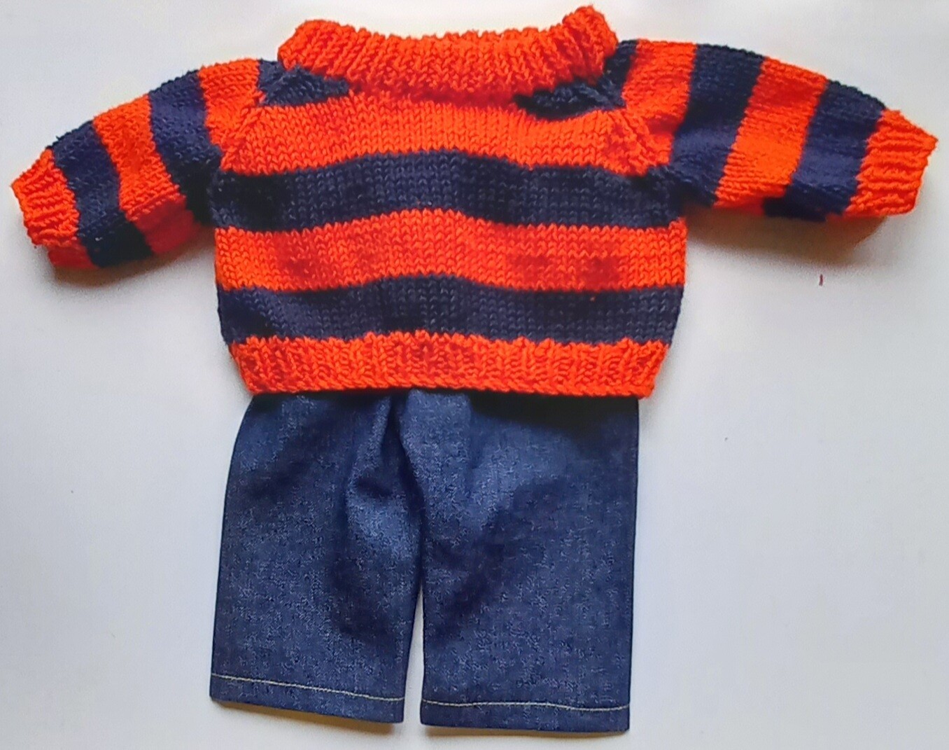 Outfit: Red and navy striped jumper and dark denim jeans for 46cm/18inch doll