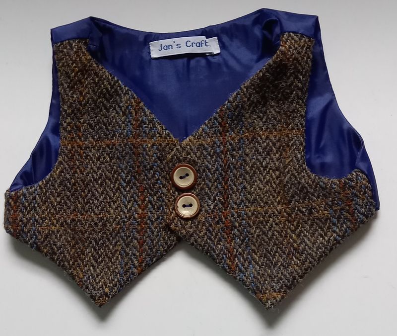 Waistcoat for bears - Brown tweed wool with plain blue lining