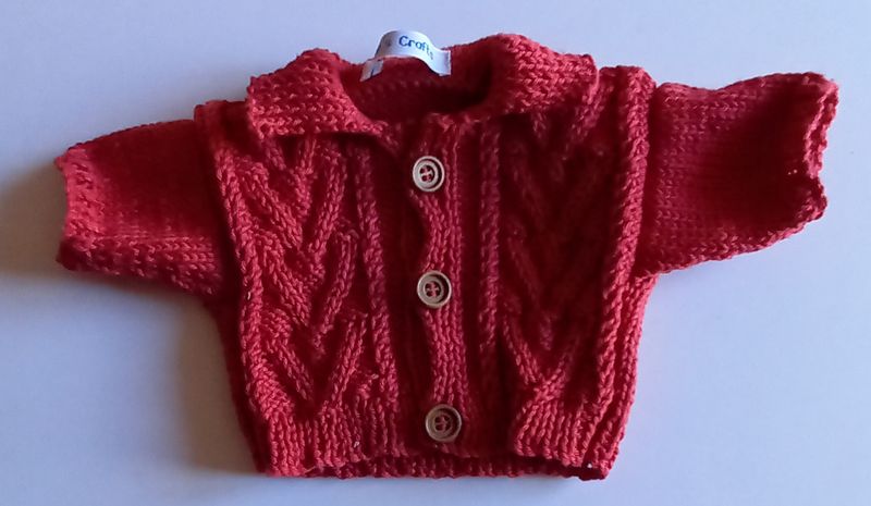 Cardigan with collar - brick red with cable pattern on front
