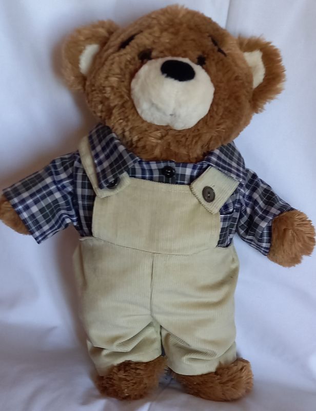 Dungarees: stone corduroy with check shirt.