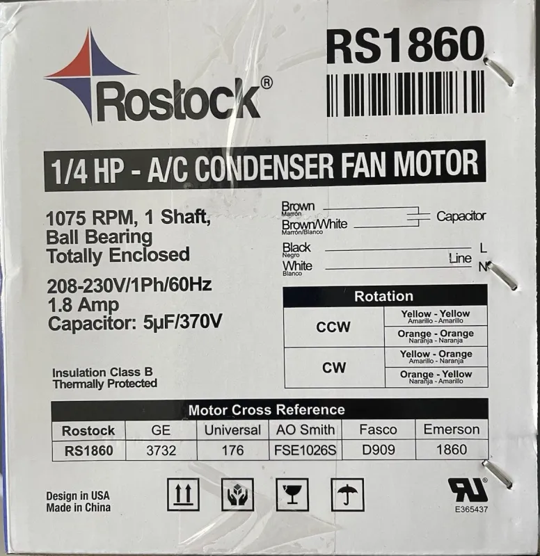 1/4HP SEMI-ENCLOSED 1075RPM  S/S 208/230V CW/CCW MOTOR (A.O. SMITH) (FS1026S) (RS1860)