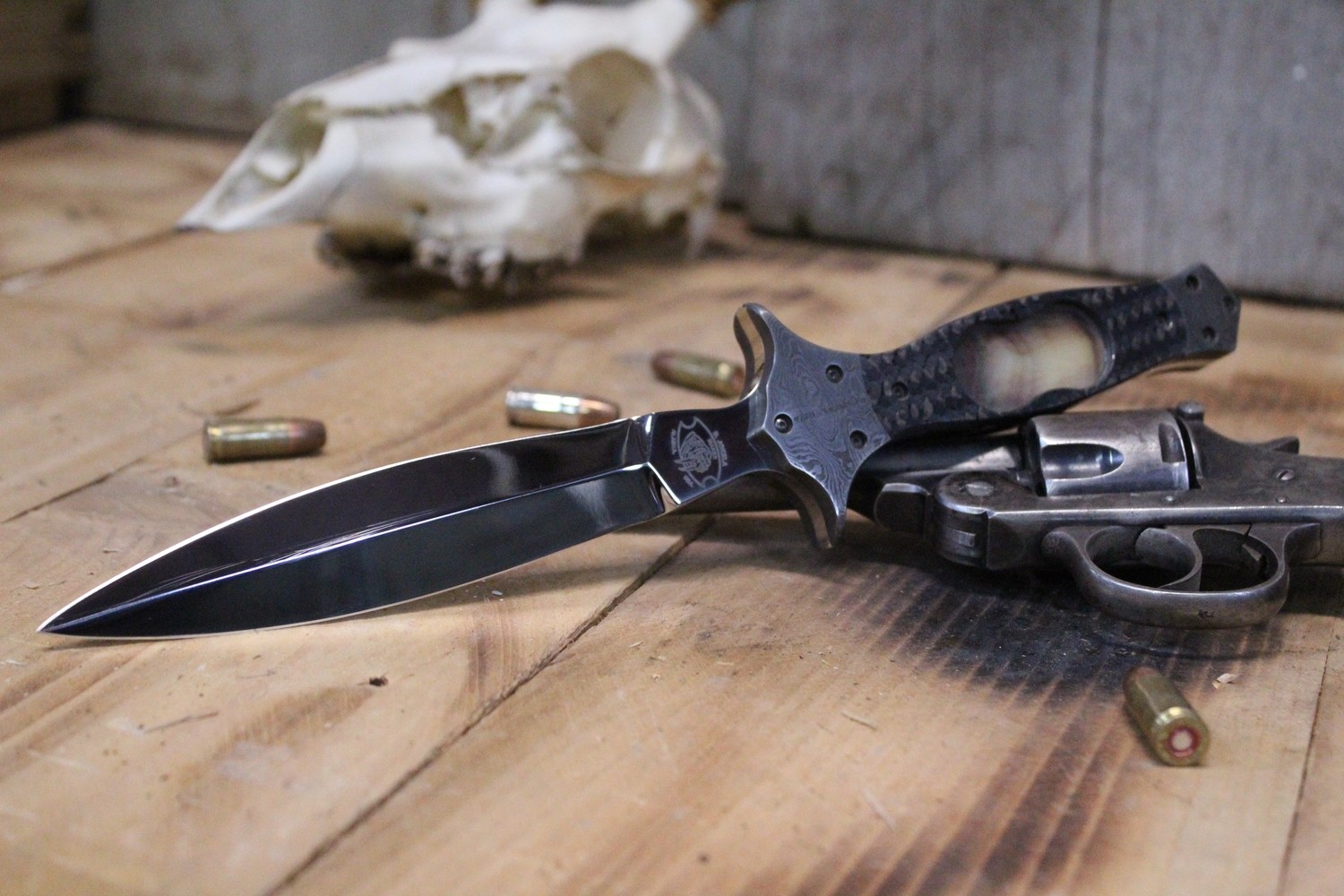 D. Jokela 6&quot; Dagger, Damascus Bolster - Carbon Fiber With Black Lip Pearl Inlay / Polished 154CM