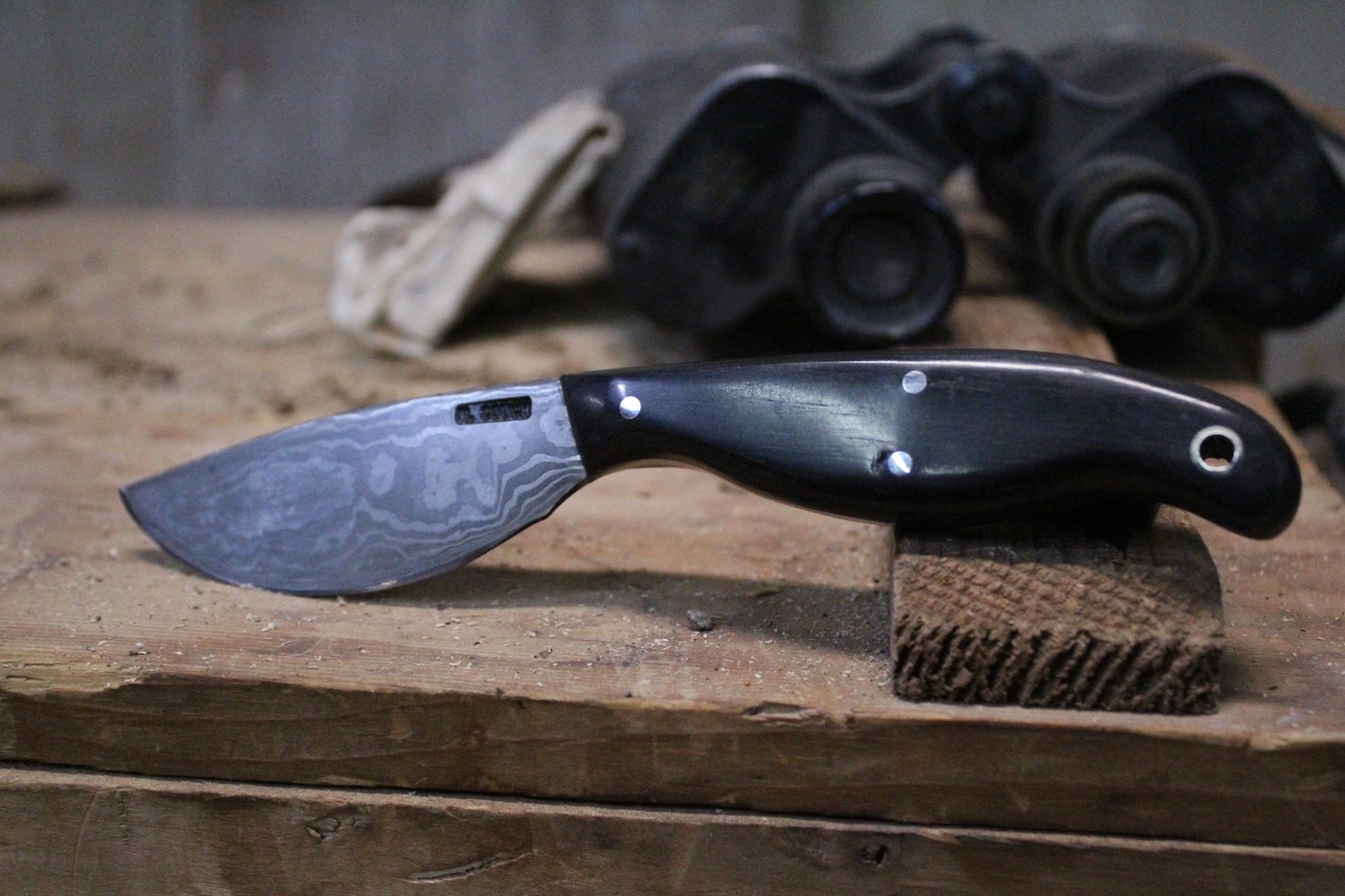 Mark Couch Hand Forged 3&quot; Skinner, Ebony Wood / Alaskan Damascus With Tapered Tang