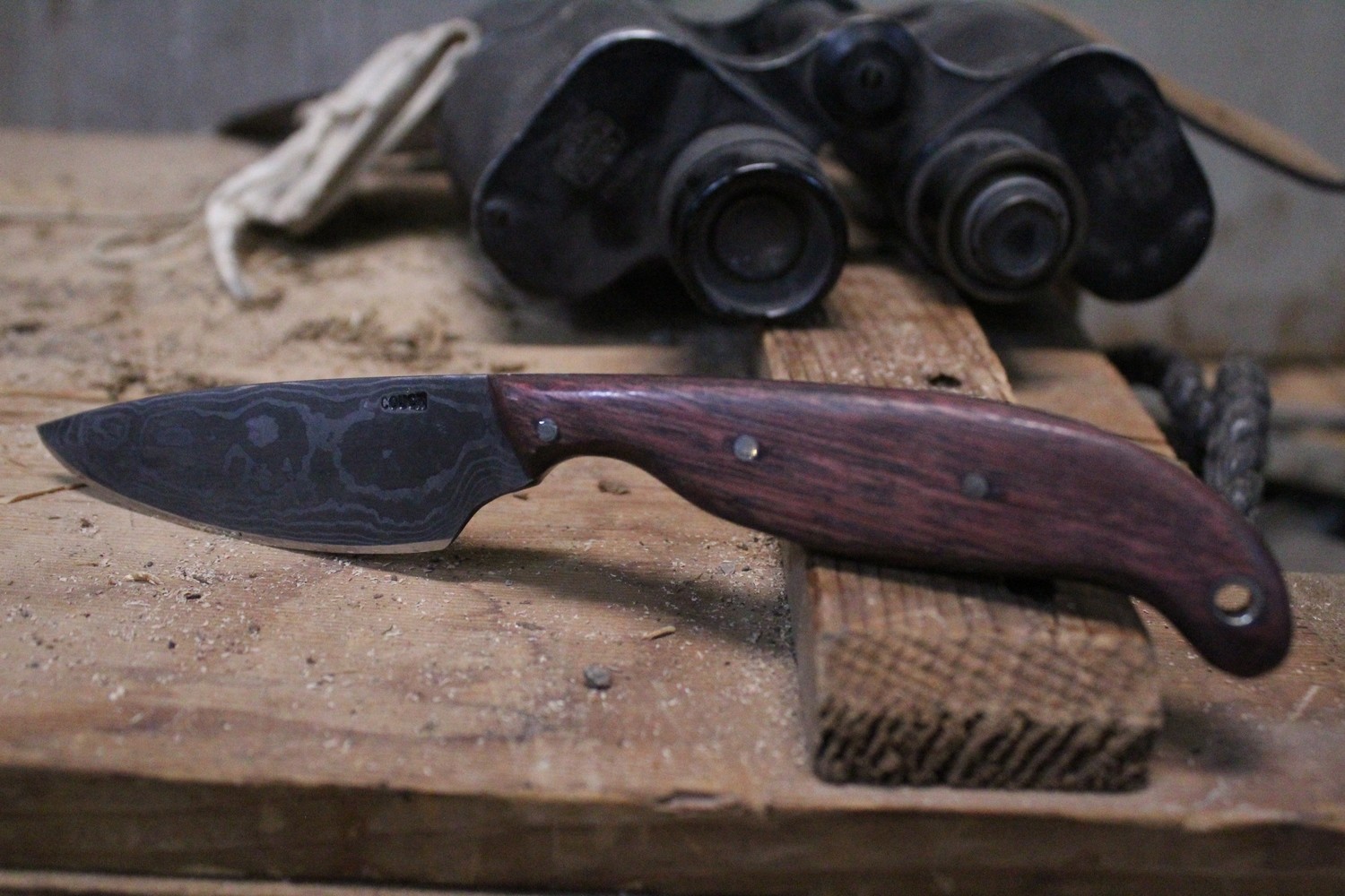 Mark Couch Hand Forged 3.5&quot; Drop Point, Purple Heart Wood / Alaskan Damascus With Tapered Tang