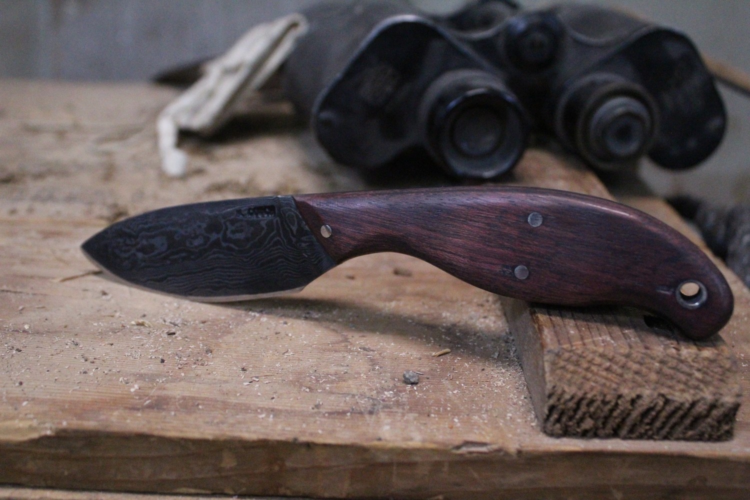 Mark Couch Hand Forged 3&quot; Drop Point Skinner, Purple Heart Wood / Alaskan Damascus With Tapered Tang