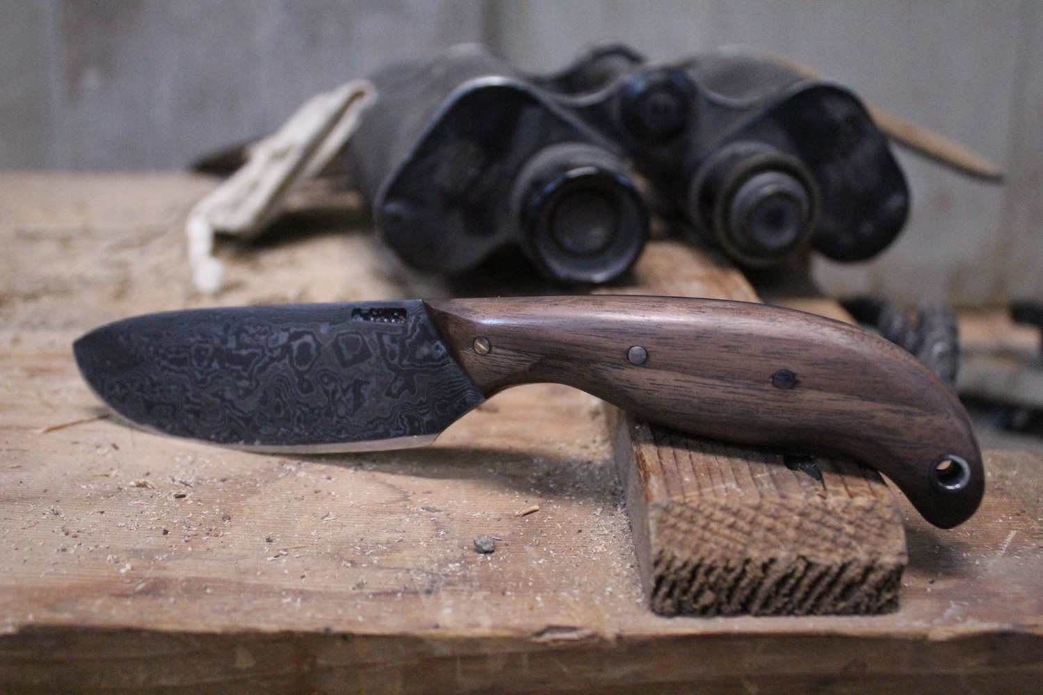 Mark Couch Hand Forged 3.75&quot; Spoon Skinner, Walnut / Alaskan Damascus With Tapered Tang