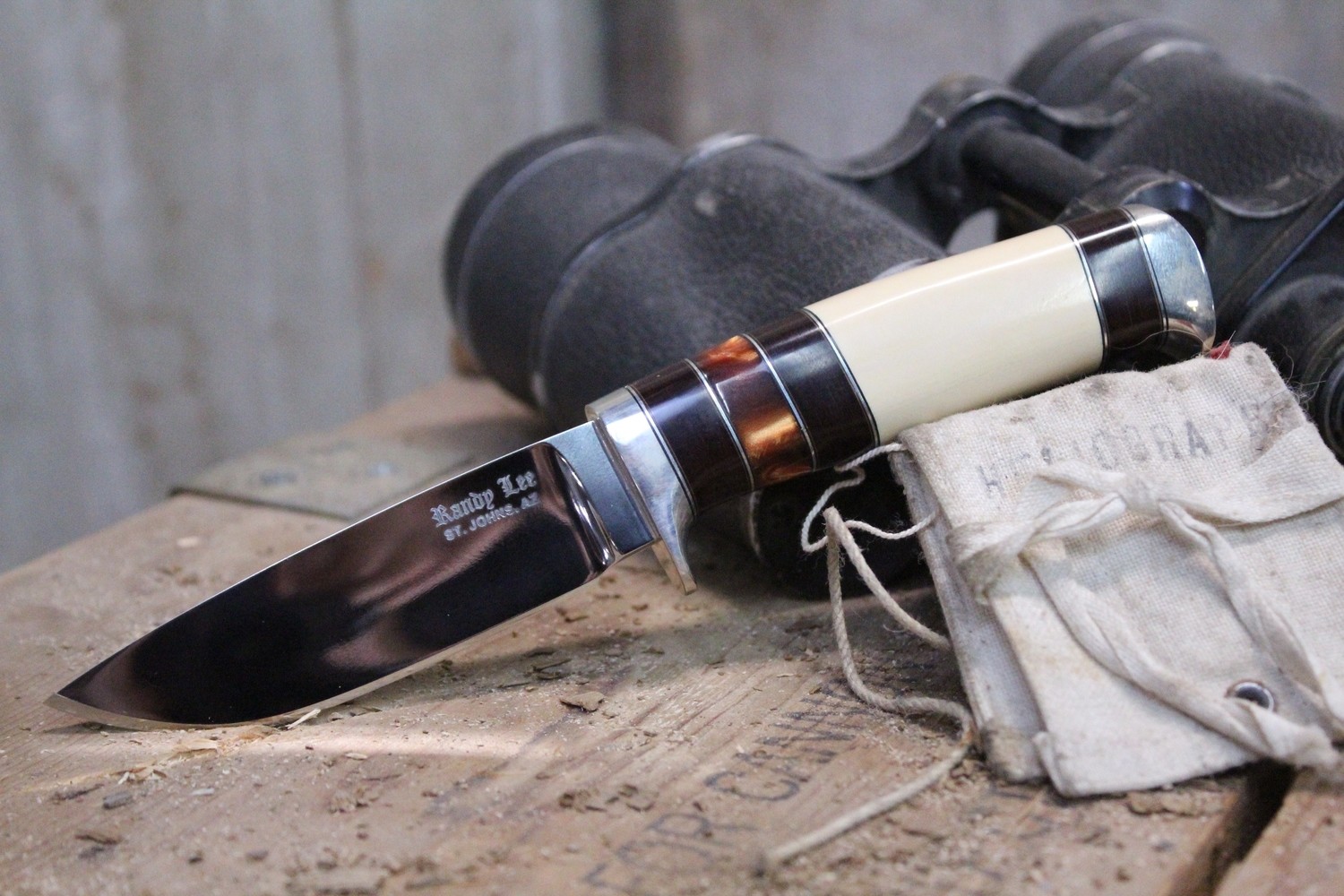 Randy Lee 3.5&quot; Drop Point Hunter, Ivory &amp; Brown Paper Micarta / Polished ATS-34