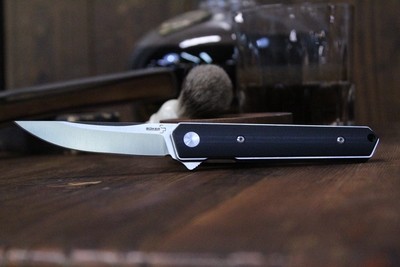 Boker Plus Mini Kwaiken 3.13" Flipper Folding Knife, Black G-10 / Stonewash D2