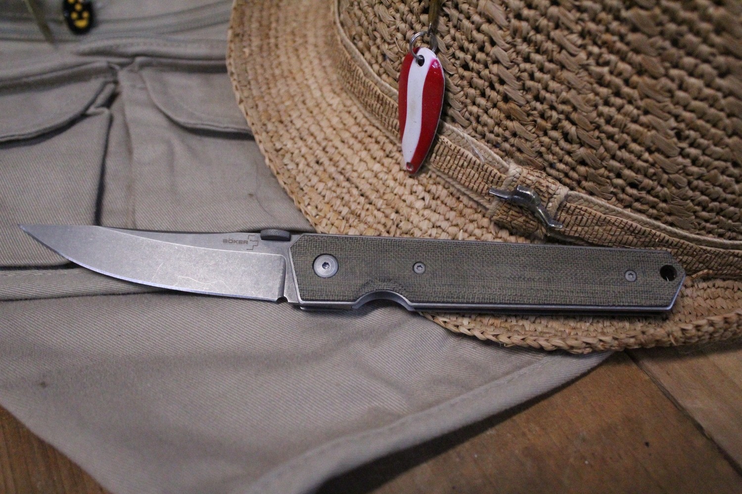 Boker Plus Kwaiken 3.5" Liner Lock Knife, Green Micarta  / Stonewash AUS-8