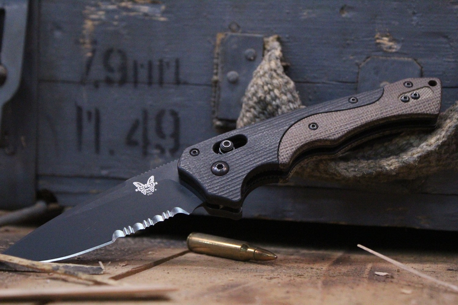 Benchmade Mini Rukus 3.4&quot; Automatic AXIS Knife / Brown Micarta / Black G10 / Black Serrated / S30V (Pre-Owned)