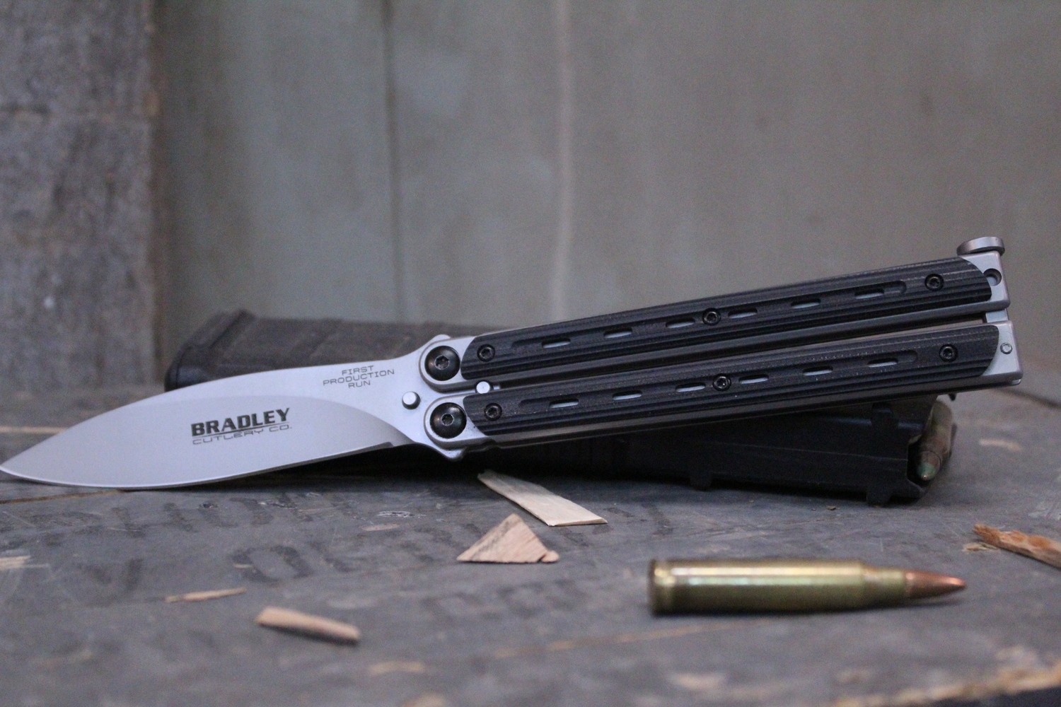 Bradley Kimura 3.88&quot; Butterfly Balisong Spear Point Knife, Black G-10 / Bead Blasted 154CM ( Pre Owned )