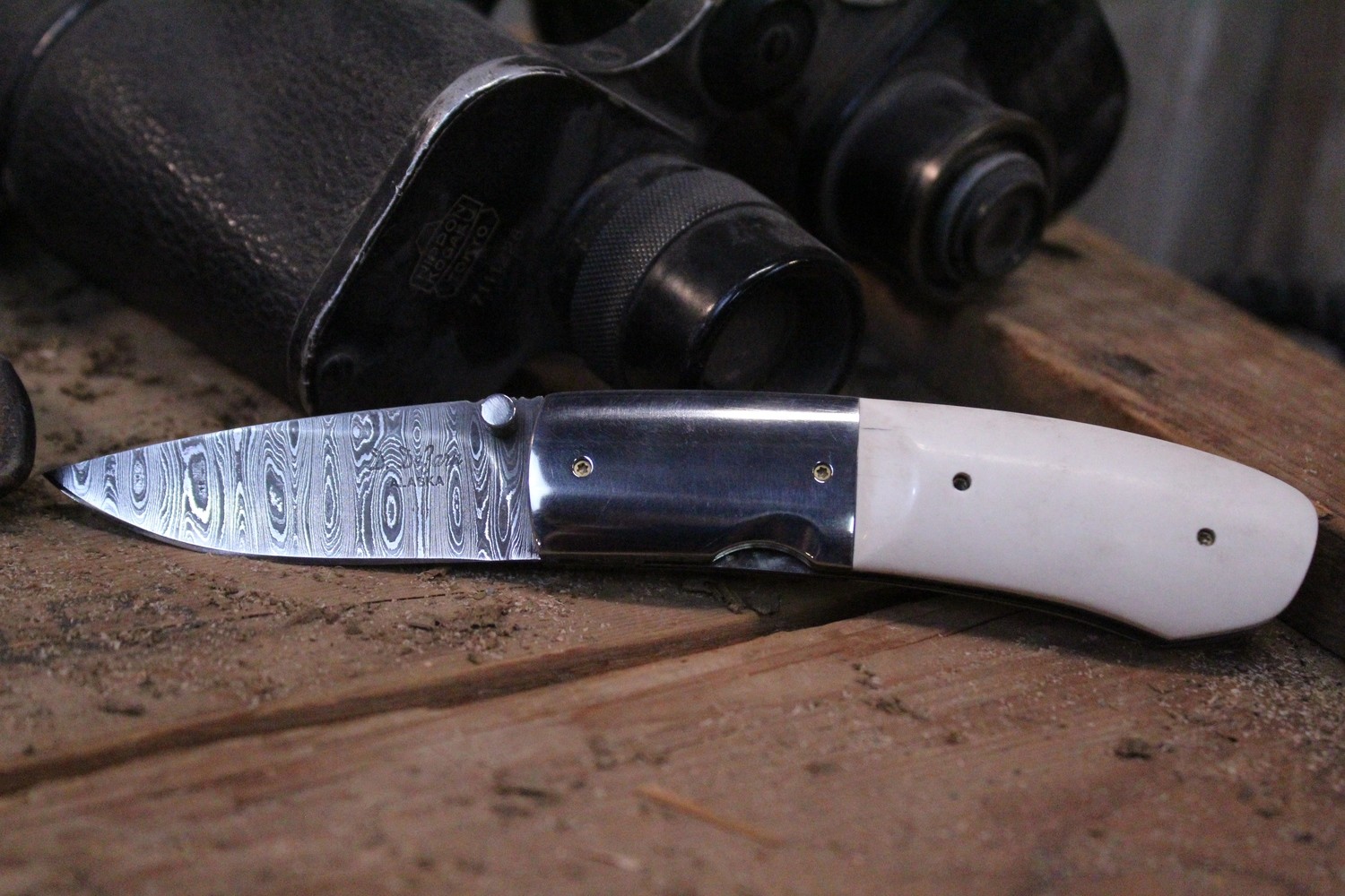 Don DeZarn 2.5&quot; Custom Liner Lock Folder, Mammoth Ivory &amp; Nickel Bolster / Damascus