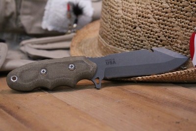 TOPS Backpacker's Bowie 4.5" Fixed Blade, Green Canvas Micarta / Tumbled 1095 ( Pre Owned )