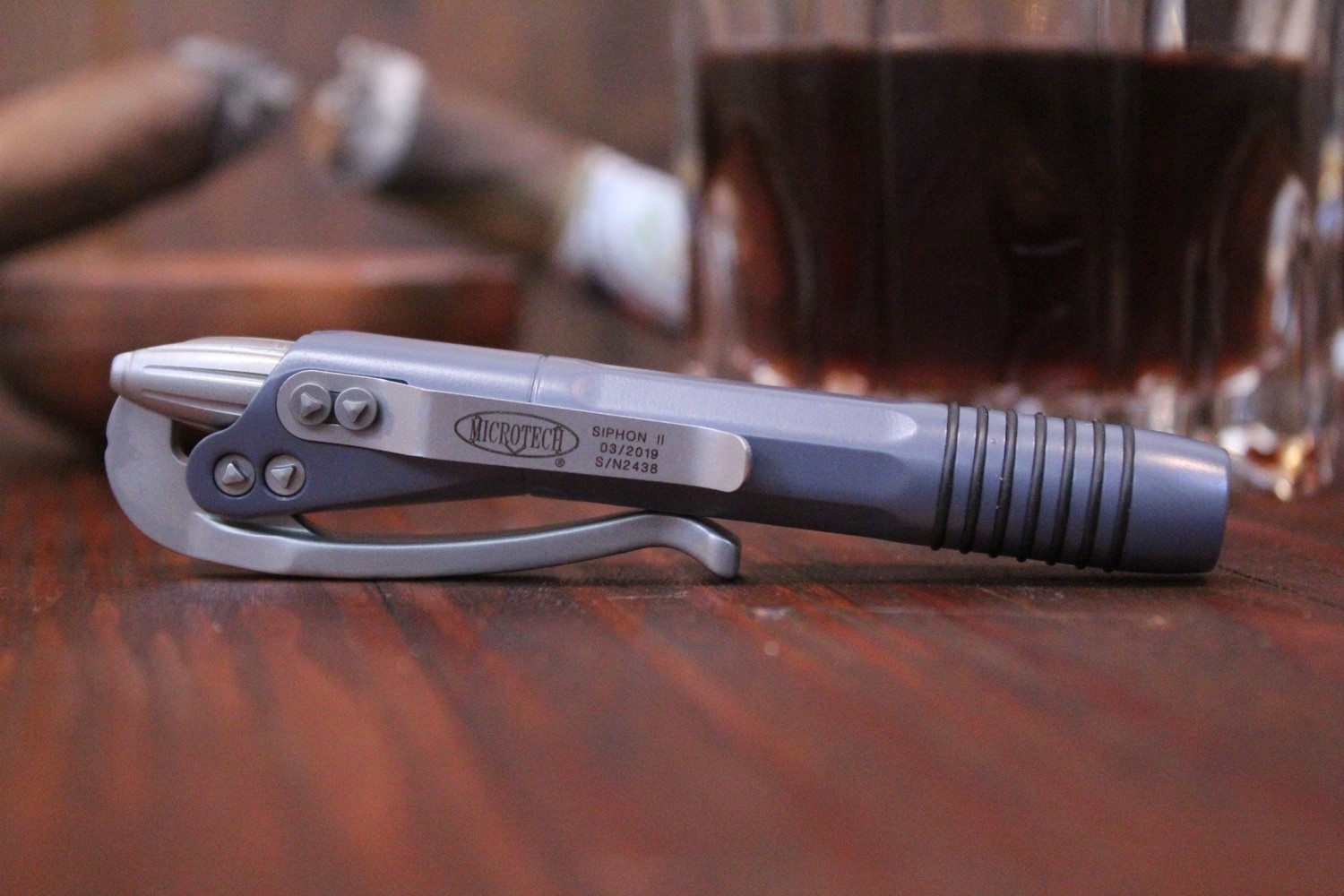 Microtech Siphon II Lever Action Pen, Grey / Stainless Steel
